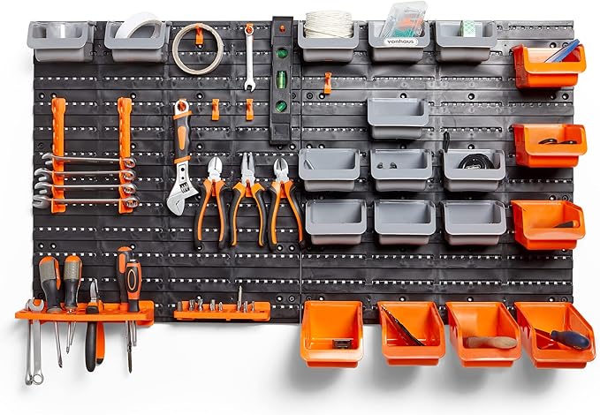 VonHaus 44 Piece Wall Mounted Pegboard Hook, Storage Bins and Panel Set - DIY Garage Storage Wall Mount System with Rack and Bin Accessories - Tool, Parts and Craft Organizer
