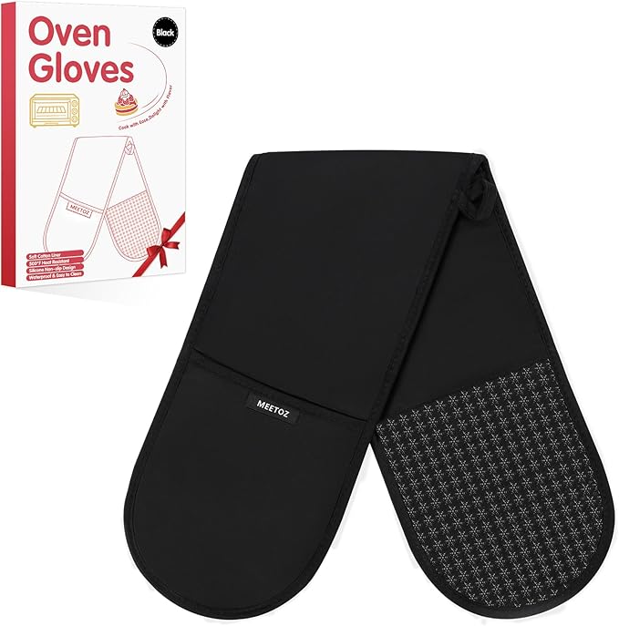 Double Oven Gloves, 260°C/500°F Heat Resistant Oven Mitt Set, Silicone Non-slip Design Oven Gloves, 84 x18cm Cotton Potholder for Home Cooking