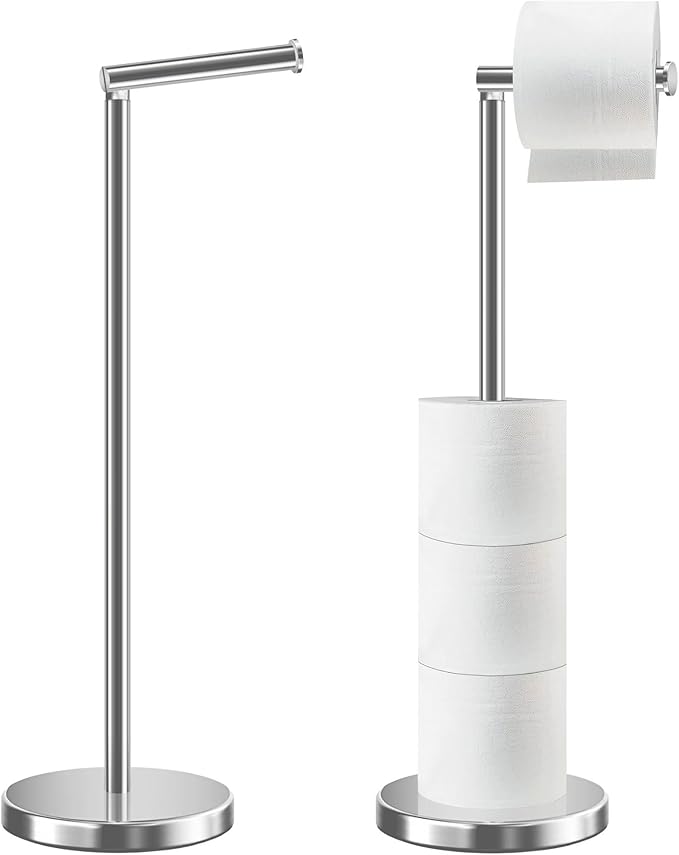 Toilet Roll Holder Free Standing with HEAVY BASE, Premium Toilet Roll Stand, Stainless Steel loo roll holder for Bathroom 2 in 1 Holder and Storage for 5 Rolls - Chrome