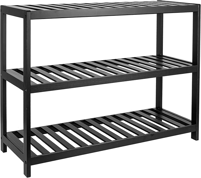 Vencier Bamboo Shoe Rack Natural – Easy Assembly & Strong Design Stand Shelf Organizer Ideal for Corridor, Bedroom, Bathroom, Hallway & Small Spaces, Large Capacity (Black, 3 Tier)