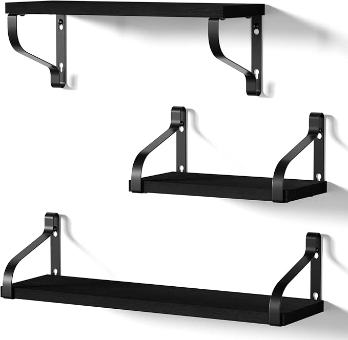 Love-KANKEI Floating Shelves Wall Mounted - Rustic Wood Wall Shelves Set of 3 for Bedroom Living Room Bathroom Kitchen (Black)