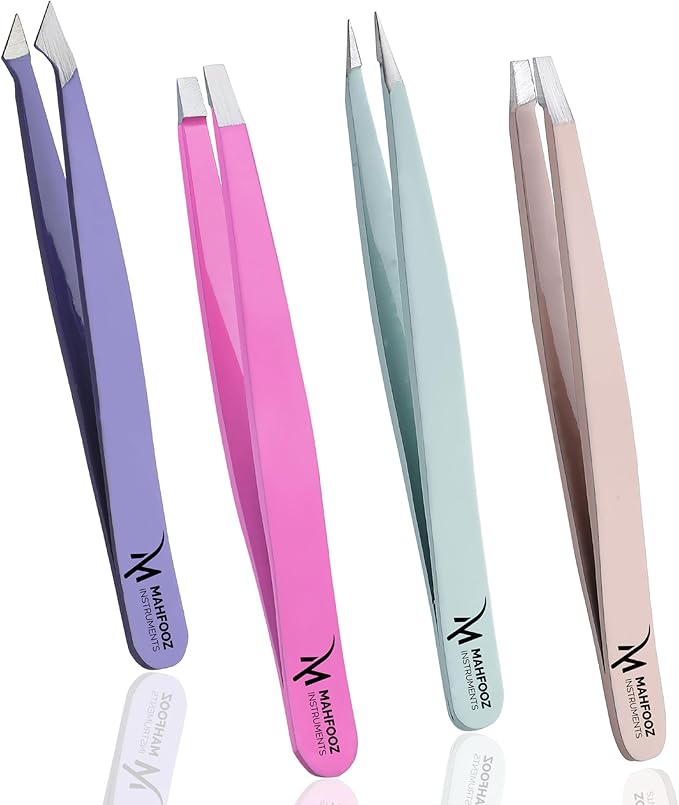 Tweezers Set for Eyebrows 4 Pcs – Slant, Point, Flat & Angled Precision Hair Removal Tools for Men & Women, Eyebrows & Facial Hair, Stainless Steel, Multi-Colour by Mahfooz Instruments