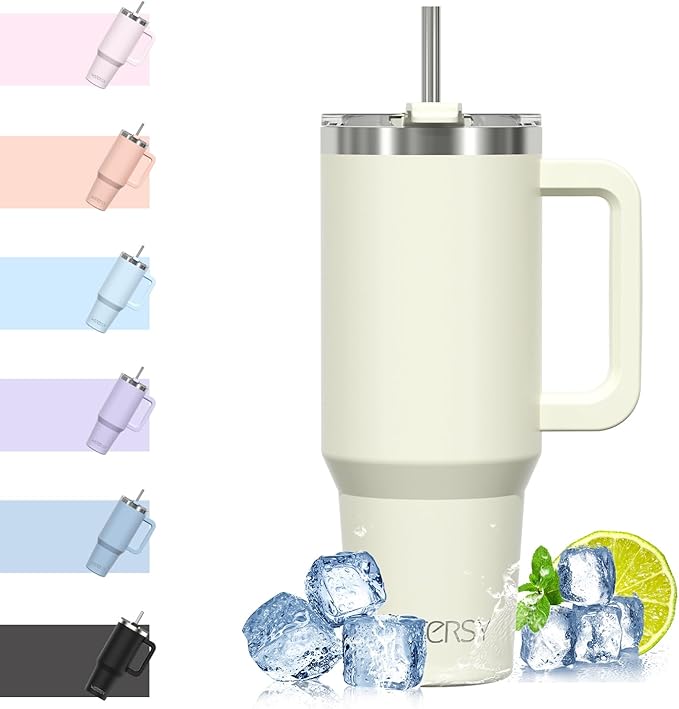 WATERSY Travel Mug Coffee Cup 40oz Tumbler Straw Lid and Handle, Stainless Steel Double Wall Vacuum Insulated Coffee Water Bottle for Cold Hot Coffee 1182ml Cream White