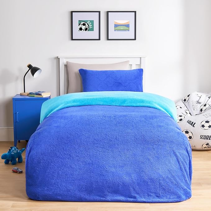 Brentfords Teddy Fleece Duvet Set Single, Winter Bedding Fluffy Cosy Reversible Single Duvet Cover Set Super Soft Warm Thermal Teddy Bear Bedding with Pillowcase, Blue/Sea Blue