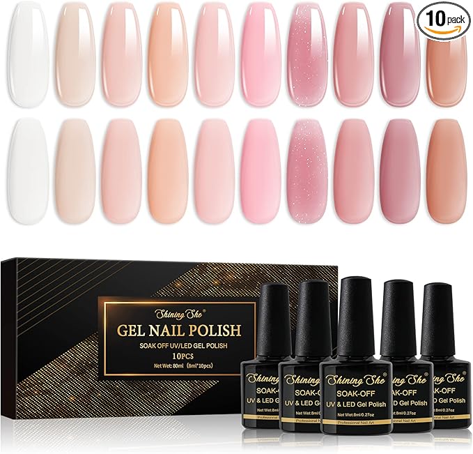 Shining She Jelly Gel Nail Polish Kit - 10 Color White Nude Pink Sheer Nail Polish, Transparent, Soak-Off UV/LED Gel for Nail Art Salon DIY Home, 8ML