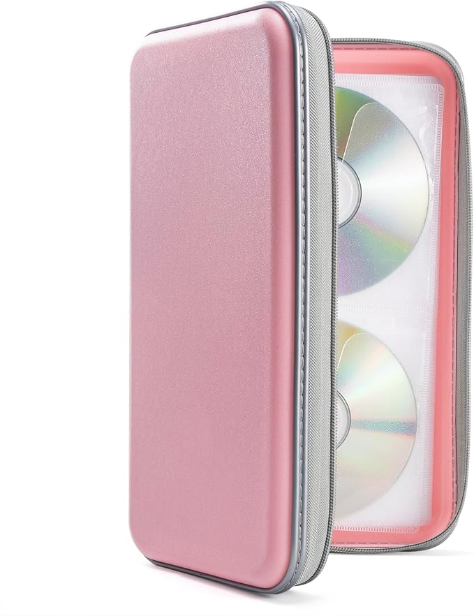 UENTIP CD Case,96 Capacity CD Holder Hard Plastic CD Storage Wallet Protective CD/DVD Case Holder for Car Home Travel（light pink）