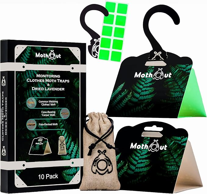 10 Pheromone Clothes Moth Traps, Carpet Moth Trap + Lavender Freshener + 10 Glowing Pads + eBook with Moths Prevention & Protection Techniques, Cloth Moths Monitoring Traps Detecting Activity