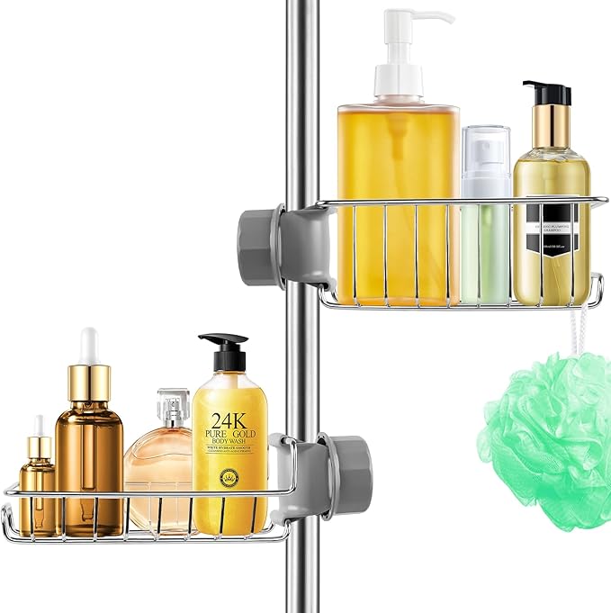Shower Caddy Shelf No Drill 2 Pcs, Stainless Steel Shower Shelves for Riser Rail 18-27mm, Rustproof Storage Rack Hanging Bathroom Organiser for Shampoo Soap, Kitchen Toilet, Silver