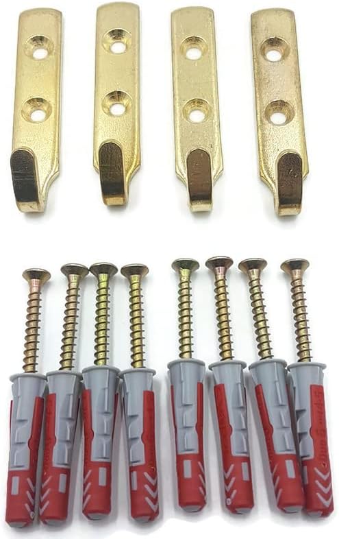 4 x Heavy Duty Brass J Wall Hooks Large Picture/Mirror - Plaster or Solid Walls - Including Screws & Wall Plugs - Hang up to 35kg