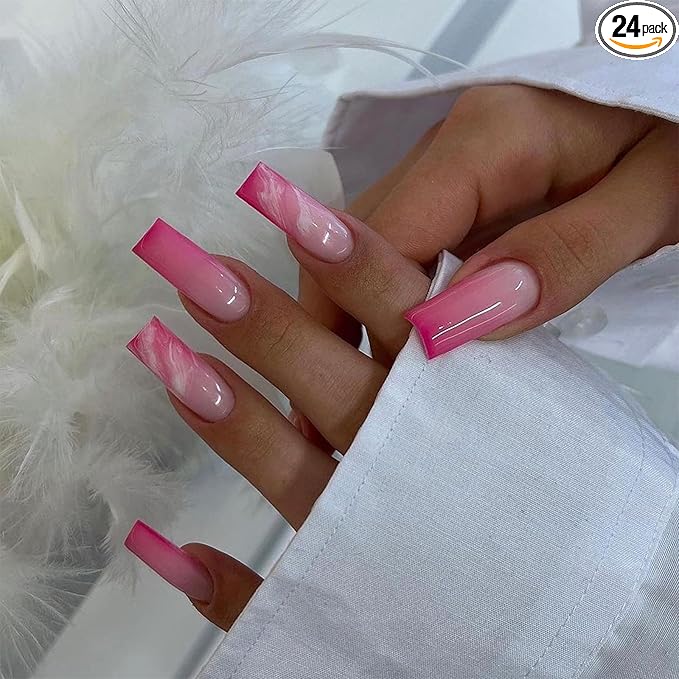 24pcs Long Coffin False Nails French Tip Hot Pink White Ombre Press on Nails Ballerina Stick on Nail Marble Style Removable Glue-on Acrylic Full Cover Fake Nail Art Accessories for Women