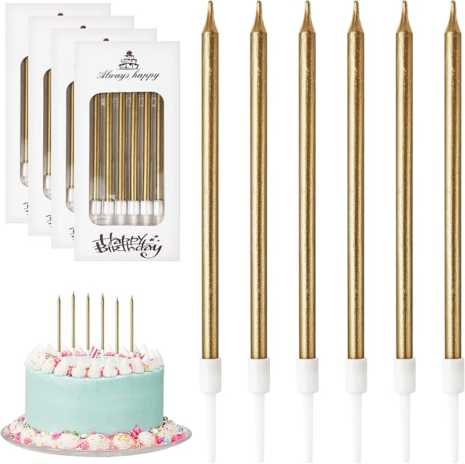 DONQL Birthday Cake Candles 24PCS, Tall Cake Candles, Long Birthday Candles, Thin Cupcake Candles with Holders for Birthday Cake Baby Shower Cake Wedding Party Decoration (24Pcs Champagne)[Energy Class A+++]