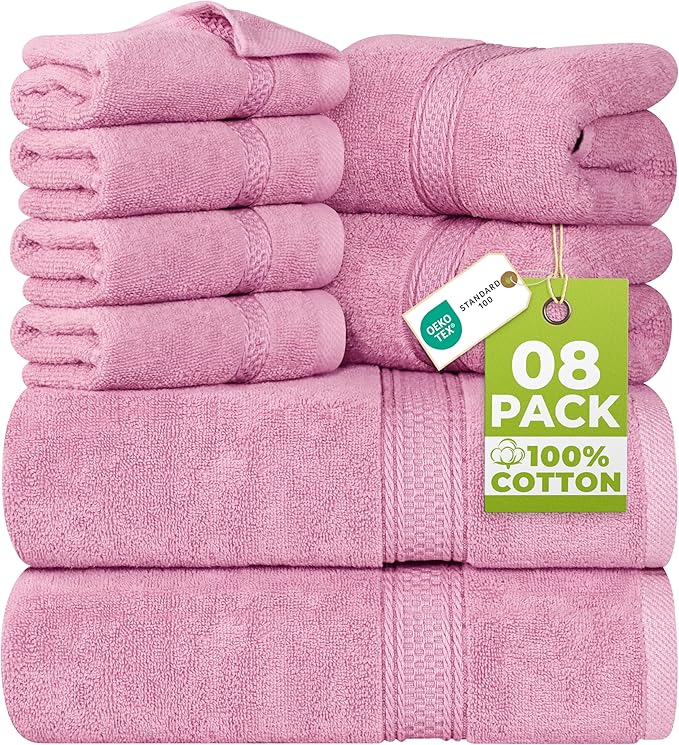 Utopia Towels 8 Piece Towel Set - 2 Bath Towels, 2 Hand Towels and 4 Washcloths Cotton Hotel Quality Super Soft and Highly Absorbent (Pink)