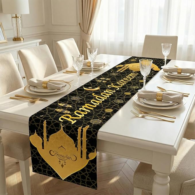 Ramadan Table Cloth, Seutgie Ramadan Decorations for Table 13.8*70.87 inches Black and Gold Islam Muslim Decor
