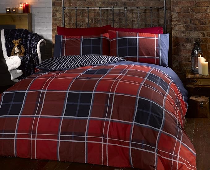 Argyle Single Quilt Duvet Cover and Pillowcase Reversible Bedding Bed Set, Tartan Check - Red