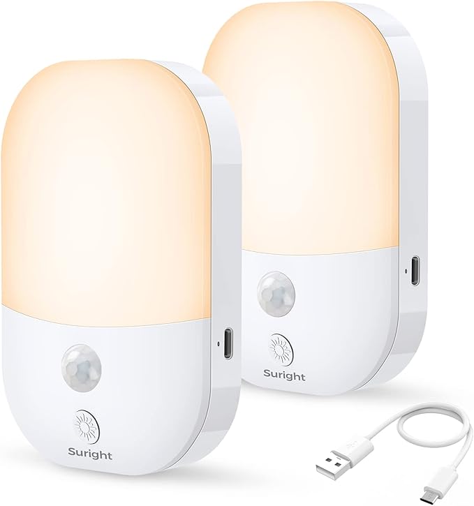 Suright LED Night Light, 2 Pack Type-C Rechargeable Motion Sensor Light, 3 Modes (AUTO/Off/ON) and 5 Levels Dimmable Brightness, 2800K Warm White Cupboard Lights for Wardrobe, Stair, Hallway, Bedroom[Energy Class A]