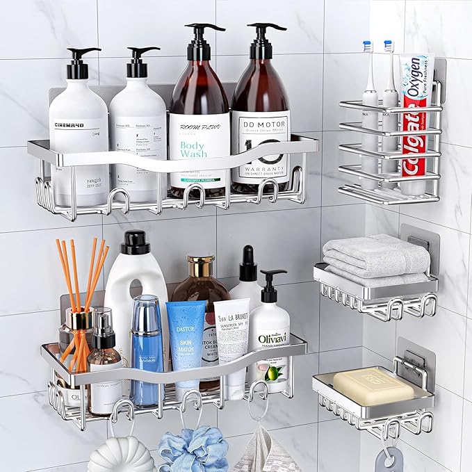 Rustproof Stainless Steel Shower Caddy 5 Pack, Bathroom Storage Accessory Shelf Organiser No Drilling Hanging, Soap Toothbrush Holder Set, Kitchen Wall Mounted Corner Decor, Silver