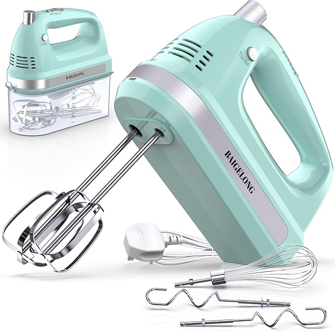 Hand Electric Mixer, 300W Ultra Power Food Kitchen Mixer with 5 Self-Control Speeds + Turbo Boost, 5 Stainless Steel Attachments Handheld Blender for Baking, GREEN