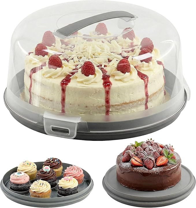 GEEZY 2 in 1 Plastic Cake Carrier with Lid and Handle Portable Round Transparent 11 inch Cake Storage Container Cake Box Two Sided Base for Cake and Cupcakes