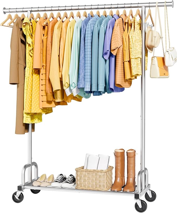 Clothes Rail – Heavy Duty Clothes Rack with Wide Fixed Rod, Built-In Mesh Shelf, Space-Saving Clothing Rail for Bedroom, Laundry Room, Entryway, 116 x 43 x 150 cm, Silver