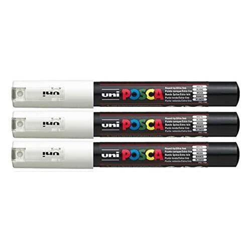 Posca PC-1M White Colour Extra Fine Paint Marker Pens 1mm Bullet Tip Nib Writes On Any Surface Glass Stone Wood Metal Fabric Plastic (Pack Of 3)