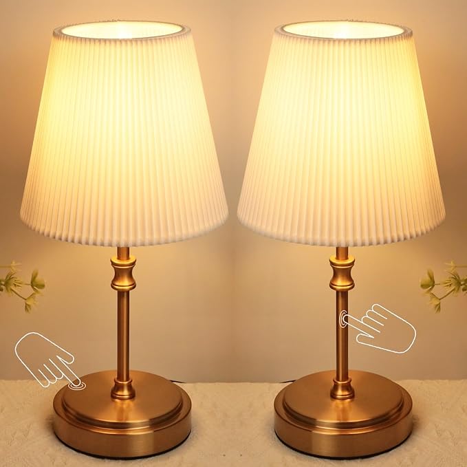 Bedside Lamps, Touch Control Table Lamp Night Light with Metal Base 3-Way Brightness Dimmable LED Bulbs Retro Plug in Lamps Bedside for Bedroom Living Room Children's Room Decor, 2 Pack[Energy Class F]