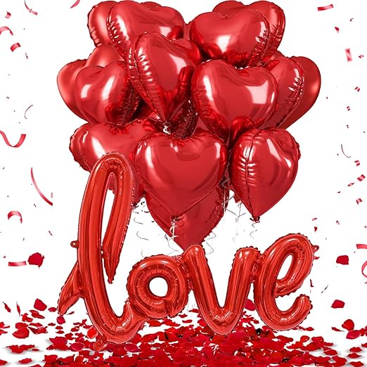 Nikolaus Valentine's Day Decorations Kit, 10pcs Red Heart Foil Balloons, 1 Love Foil Balloon, 500pcs Fake Rose Petals, Romantic Decor for Couples, Unisex Adults