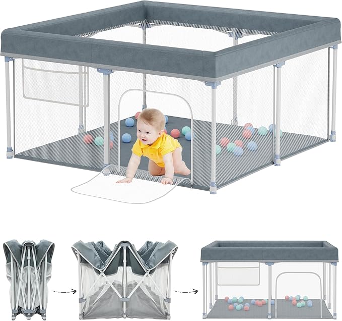 Baby Playpen Foldable 127x127cm Portable, Safe, and Spacious Collapsible Play Pen with 30pcs Ocean Balls for Baby and Toddlers