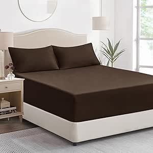 Double Fitted Sheet Deep - Brown Bed Sheet Extra Deep Pocket 16 inch (40 cm), Soft Brushed Microfiber Mattress Bottom Bedding Sheet, 135x190cm
