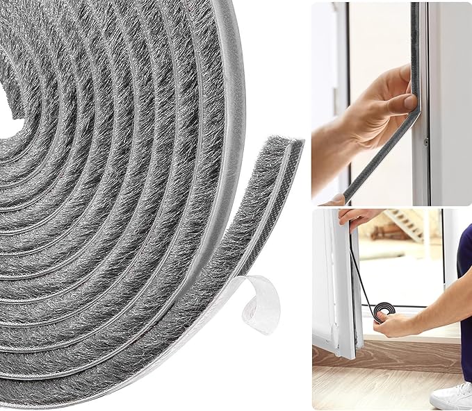 Draft Excluder for Doors, Draught Excluder for Windows, 5 Meters(L) x 9 mm(W) x 9mm(T) Self-Adhesive Brush Seal Strip Air Stopper for Door, Window- Grey