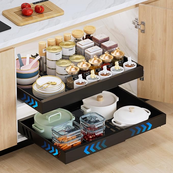 2 Pack Expandable Pull Out Cabinet Organizer Adhesive, Peel And Stick Slide Out Drawers for Kitchen Cabinets,Cabinet Pull Out Shelves For Kitchen Pantry Organization Adjustable Width 12.6"-21"