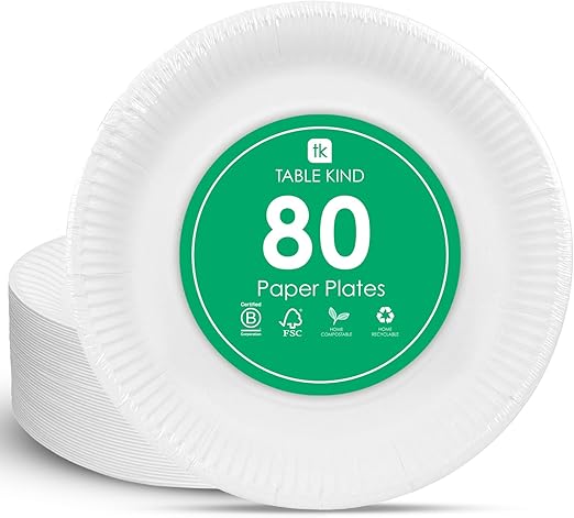 Table Kind 80 x White Paper Plates Disposable Paper Plates Pack Eco-Friendly for Catering & Food Vans, Camping Recyclable Round Dishes Birthday BBQ Party Supplies, Home Compostable 22cm