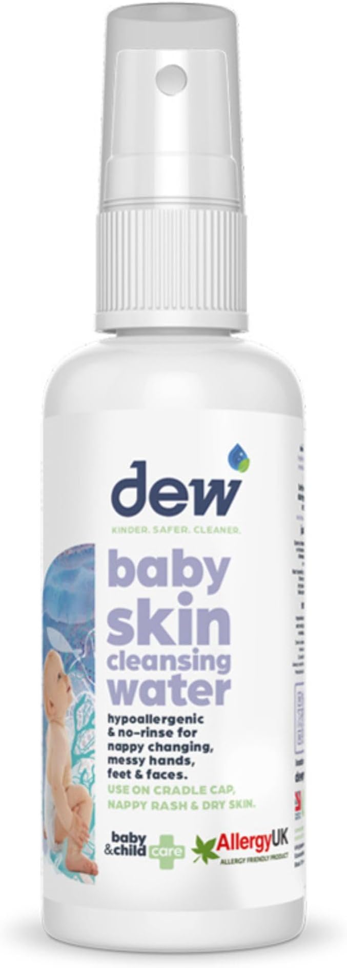 Dew Baby Cleansing Water 100% Natural Antibacterial Baby Sanitiser Spray | Hypoallergenic Sterilising of Hand, Bum, Face, Dummy & Safe if Ingested. Cleans Skin Before Applying Nappy Rash Cream (65ml)