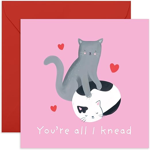 Valentines Day Card - Anniversary Card For Him - You're All I Knead Cats - Pun - Cute Wedding Anniversary For Husband Wife - Gift For Boyfriend Girlfriend - Comes With Stickers
