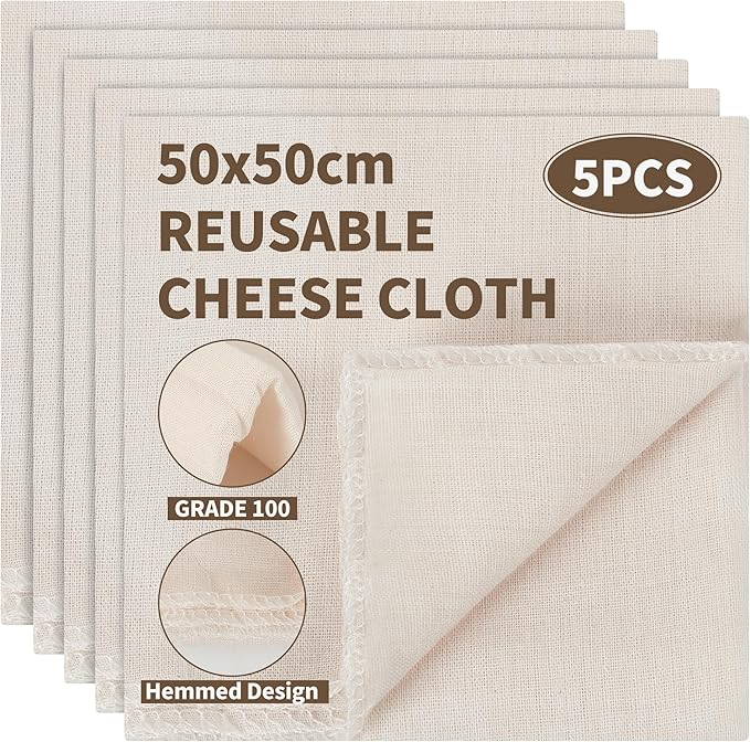 5PCS Cheesecloth, Grade 100 Unbleached Muslin Cloths for Cooking, Reusable Ultra Fine Cheese Cloths, Washable Hemmed Straining Cloth for Filtering Nut Milk, Butter, Juice, Tea, Coffee (50 x 50 cm)