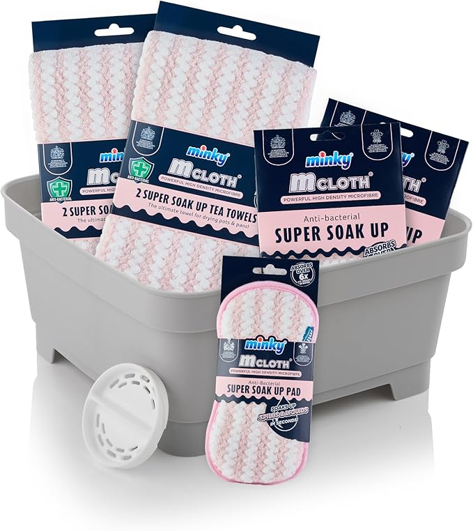 Minky Mcloth Super Soak Up Bundle, Washing Up Bowl, Super Absorbent Microfibre Cloth, Pads and Tea Towels for Kitchen, 5 Cleaning Products, Anti-Bacterial Kitchen Accessories