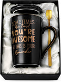 Birthday Thank You Gifts for Men, Sometimes You Forget You're Awesome - 14oz Unique Black Ceramic Inspirational Coffee Mug with Gold Print, Christmas Presents for Friends Husband Employee, Gift Boxed