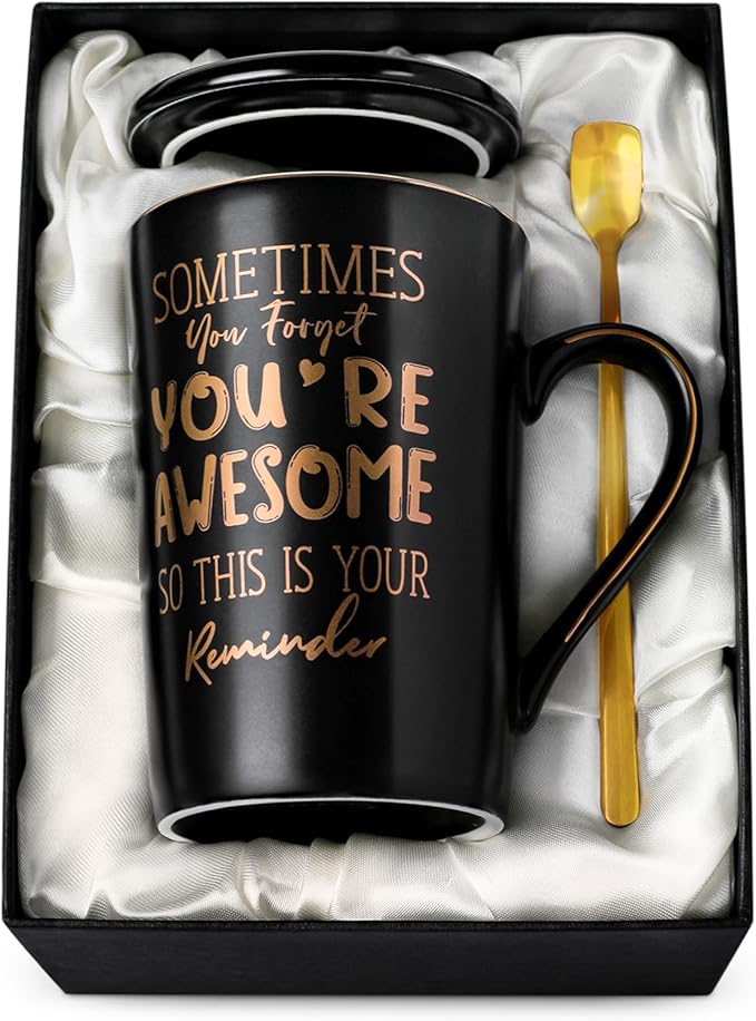 Birthday Thank You Gifts for Men, Sometimes You Forget You're Awesome - 14oz Unique Black Ceramic Inspirational Coffee Mug with Gold Print, Christmas Presents for Friends Husband Employee, Gift Boxed