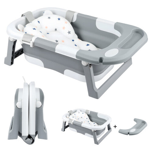 Foldable Baby Bathtub with Seat Support - Heat-Sensitive Drain Plug (39C), Non-Slip Base, 0-3 Years, Travel-Friendly, Grey
