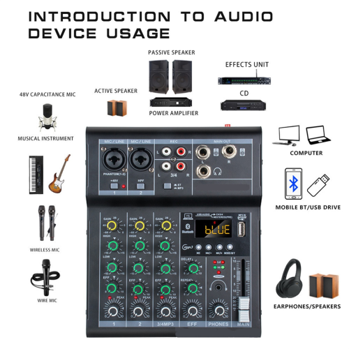 Professional Digital DJ Mixer Console 4 Channel Audio with USB Port Supports Bluetooth Connection Playback Black
