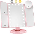 Lighted Makeup Mirror with 22 LED Lights, Dual Power Supply 1x/2x/3x/10x Magnifying Touch Screen Dimmable Mirror, 180 Degree Adjustable Angle, Travel Cosmetic Mirror - Pink