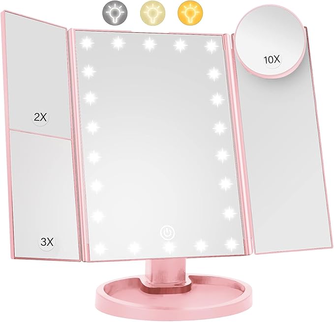 Lighted Makeup Mirror with 22 LED Lights, Dual Power Supply 1x/2x/3x/10x Magnifying Touch Screen Dimmable Mirror, 180 Degree Adjustable Angle, Travel Cosmetic Mirror - Pink