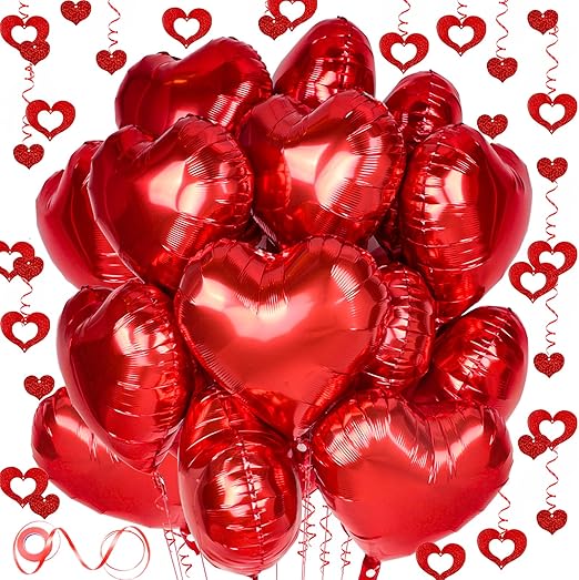 Red Heart Balloons, 12Pcs 18Inch Red Foil Heart Shaped Love Balloons, and 50Pcs Heart Hanging Streamer for Valentines Decorations, Birthday, Proposal, Wedding Party