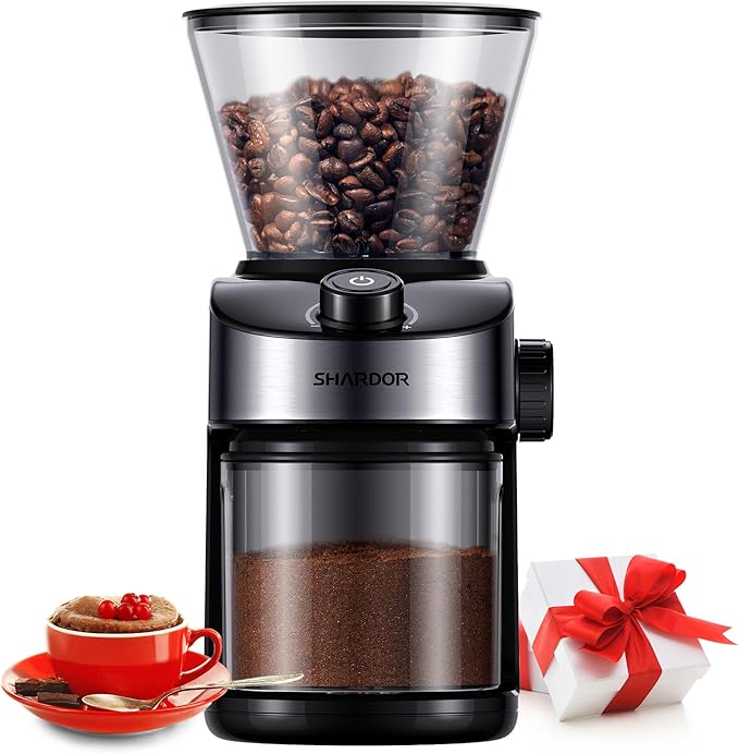 SHARDOR Coffee Grinder Burr Electric, 25 Precise Grind Setting, 40-Second Adjustable Timer, Chamber Cleaning Button, Designed for Espresso, Drip Coffee, and French Press, Black