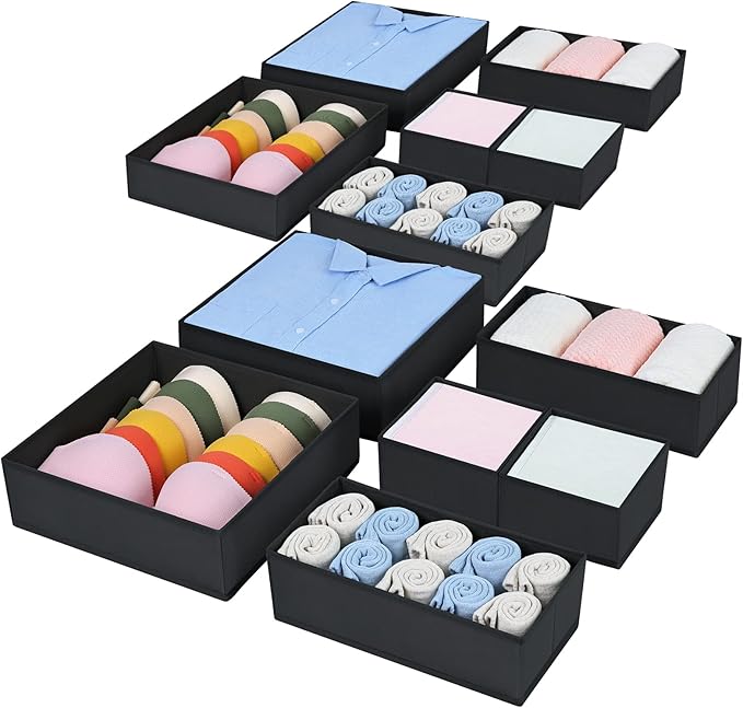12 Pack Drawer Organisers Foldable Storage Box - Fabric Clothes Wardrobe Storage Drawer Dividers Cubes for Socks, Underwear, Ties, Bedroom (Black)