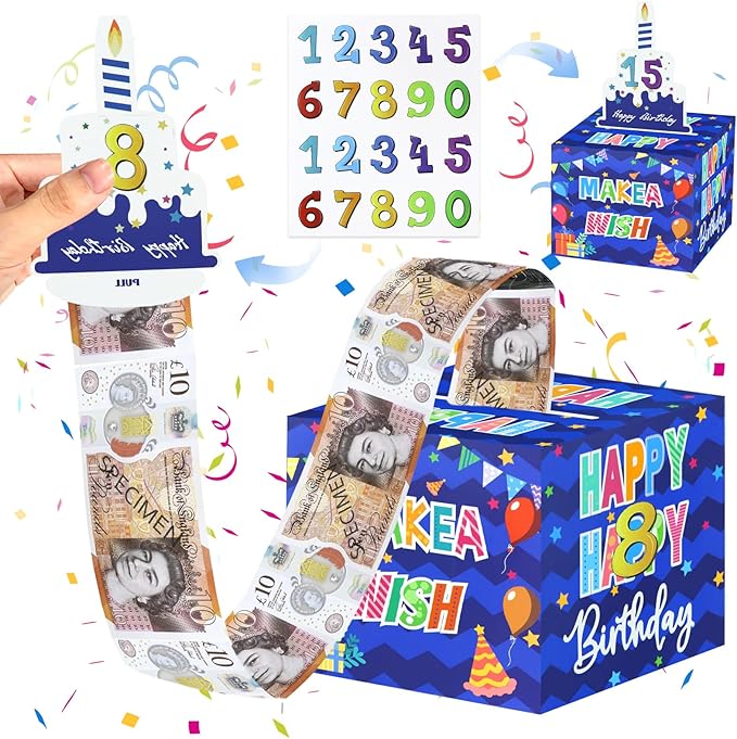 ZAOHUI Happy Birthday Money Box Cash Gift Pull, Surprise Money Gift Box with DIY Stickers for Any Age, Money Gift Ideas for Pull Out Cash with 50pcs Transparent Bags