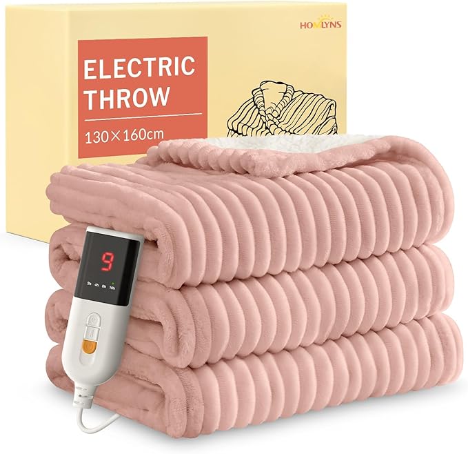 HOMLYNS Electric Heated Blanket Throw, 160 x 130cm Cozy Soft Flannel & Sherpa Heating Blankets with 9 Fast Heat Levels & 2-10 Hours Timer, Warm Gifts for Women Mom Grandma, UKCA Certified, Pink