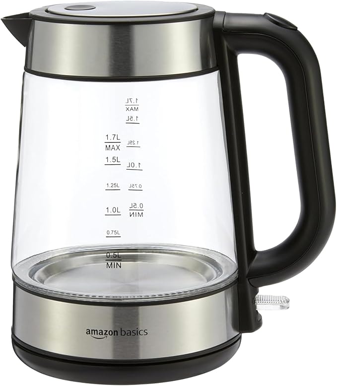 Amazon Basics Electric Glass Kettle, 1.7 Litres, Black, Silver