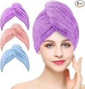 3 Pack Microfiber Hair Drying Towel Wrap Super Absorbent Twist Turban Fast Dry Hair Caps with Buttons Bath Loop Fasten Salon Dry Hair Hat (Blue Pink Purple)
