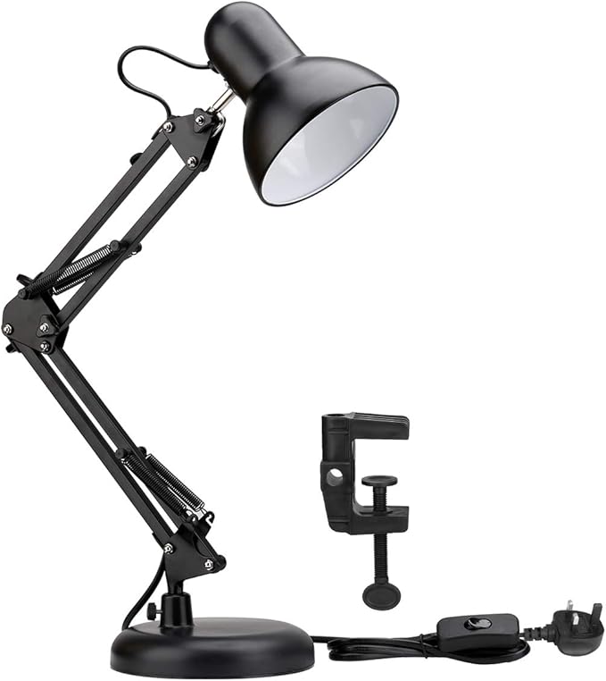 Lepro Desk Lamp, E27 Swing Arm Desk Lamp with Clamp, Classic Black Table Lamp, E27 Bulb Holder, Flexible Black Desk Light for Study Desk, Office, Bedroom, Reading, Nails, Back to School and More