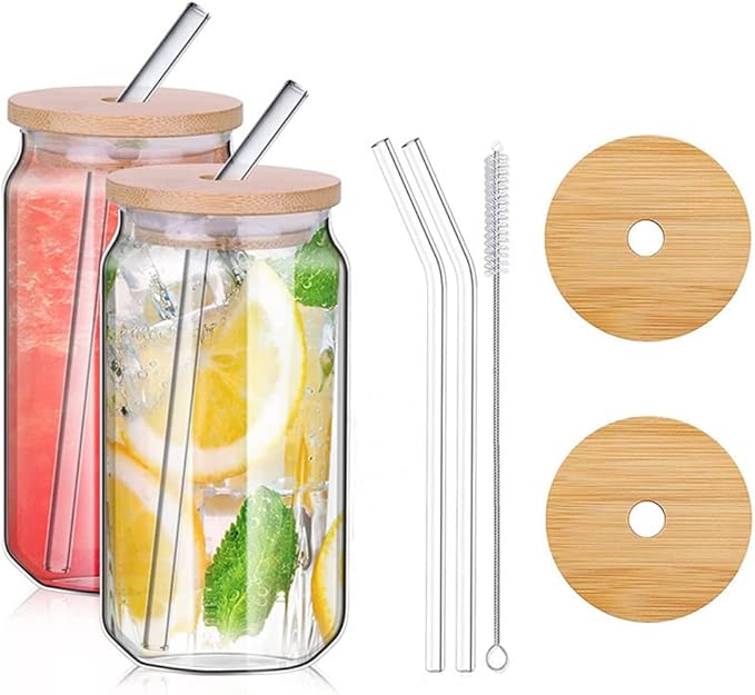 480ml Can Shaped Glass Cups Set, Drinking Glasses with Bamboo Lids and Glass Straw, Beer Glasses, Iced Coffee Glasses, Clear Cute Tumbler Cup, Ideal for Cocktail, Coke, Soda(2pcs)